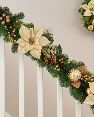 Pre-Lit Decorated Garland, Cream & Gold, 6 ft