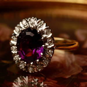 Pre-Owned Vintage 1976 18ct Gold Amethyst & Diamond Cluster Ring