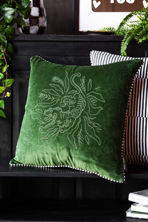 Green Velvet & Monochrome Stripe Embroidered Tiger Cushion Cover