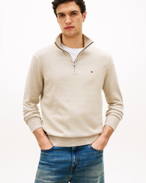 Tommy Hilfiger Essential Cotton 1/4 Zip Mock Mens Sweatshirt - Sandalwood Heather
