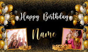 Personalised Backdrop Party Banner - Black &amp; Gold Balloons - Add Text &amp; 2 Photos