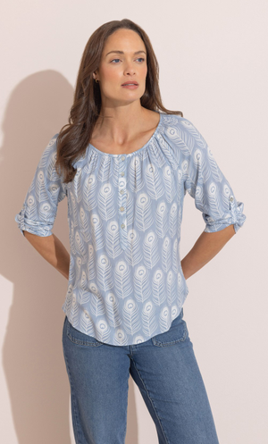 Peacock Feather Print Top - Pale Blue