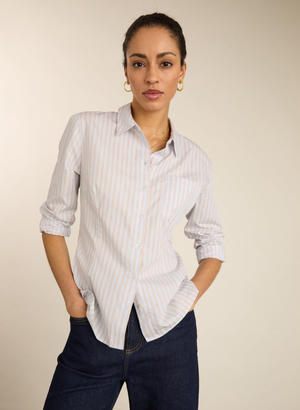 Nicola Organic Cotton Stripe Shirt - UK 10 | EU 36 | US 06 / Blue, Brown & White Stripe