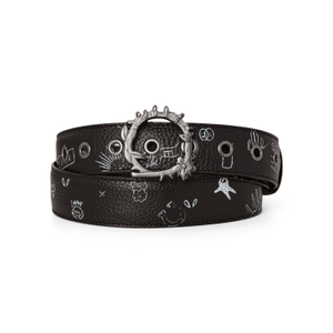 Printed Black Leather Belt with Statement Silver Buckle (S)