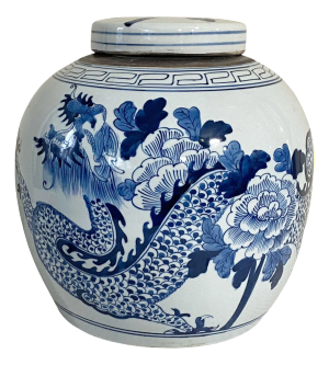 Chinoiserie Blue &White Porcelain Dragon Ginger Jar 12" H