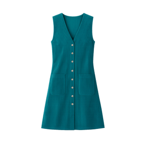 Yumi Teal Cord Button Through Pinafore Dress With Pockets (M)