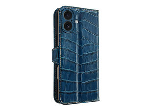 Crocodile Patterned Top-Grain Leather Wallet Case for iPhone 17 - Blue