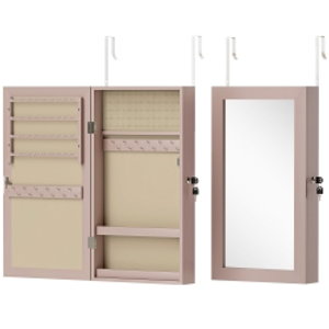 HOMCOM Espejo Joyero de Pared con Cerradura y Varios Compartimentos Montar en Pared o Puerta Rosa y Forro Beige