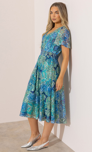 Short Sleeve Printed Mesh Dress - Lime/Aqua/Blue