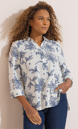 Anna Rose Floral Chain Print Linen Blend Blouse - White/Blue