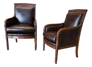 French Empire Armchairs in Brown Vegan Leather & Silk Velvet - A Pair