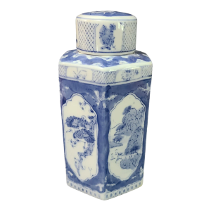 Vintage Asian Chinese Blue & White Hexagon Covered Tea Caddy Jinger Jar
