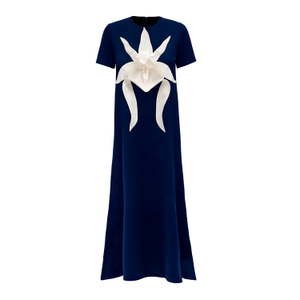 Ankle-Length Knit Dress With Flower Detail - Dark Blue (XL)