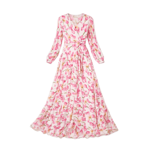 Yumi White Orchid Floral Pleated Wrap Maxi Dress (XL)