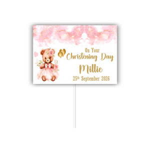 Personalised Pink Teddy Christening Cake Topper