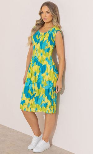 Floral Print Pleated Dress - Lime/Aqua