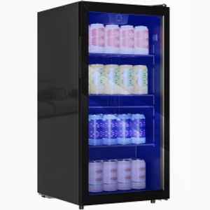 HOMCOM 93L Drinks Fridge, 115 Can Freestanding Beer Fridge with Glass Door, Adjustable Shelves, LED Light, for Beer Soda, Black