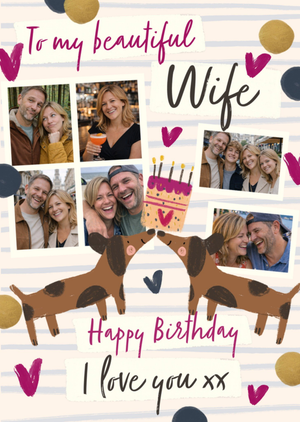 To My Beautiful Wife Happy Birthday Illustrated Sausage Dogs Photo Upload Card
