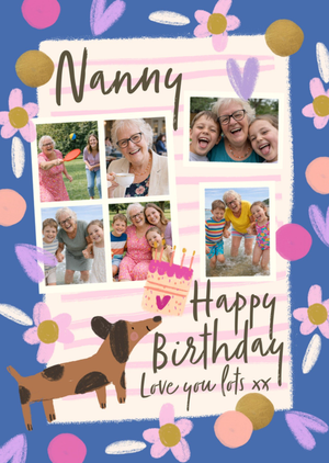 Nanny Happy Birthday Love You lots Illustrated Sausage Dog Photo Upload Card