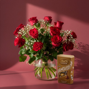 12 Premium Red Roses with Gypsophila & Gold Lindt Assorted Truffles Gift Set