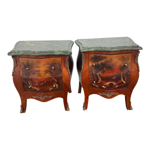 Late 20th Century Pair of Cocktail Chests in French Style W/ Green Marble Tops