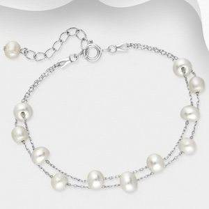 Signature Silver Double Chain Pearl Bracelet