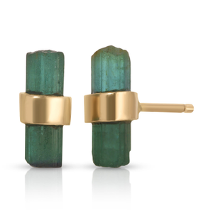 Rough Cut Green Tourmaline Stud Earrings - Gold-Filled
