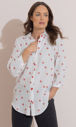 Floral Embroidered Textured Cotton Blouse - White/Red
