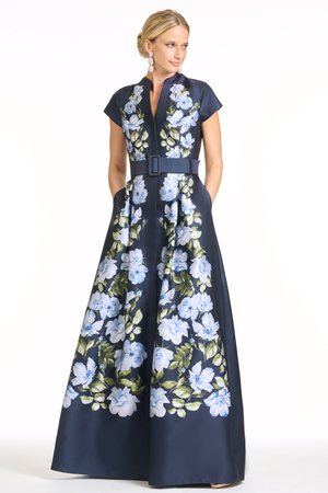 MARTA NAVY FLORAL MIKADO BALL GOWN