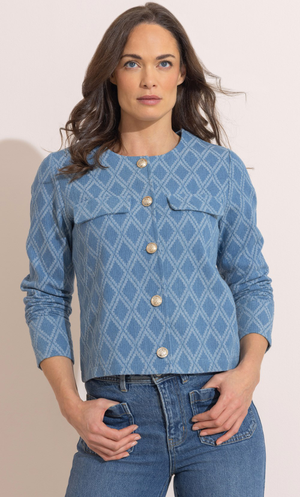 Textured Cotton Collarless Jacket - Denim Blue