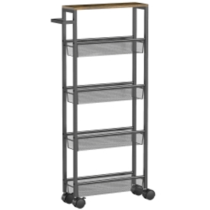 HOMCOM Slim Storage Trolley, 5-Tier Kitchen Cart on Wheels with Wood-effect Top, Handle for Living Room, Bathroom, Black