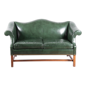 Ethan Allen Green Leather Camelback Chippendale Settee Made in North Carolina - Vintage Late 20th Century