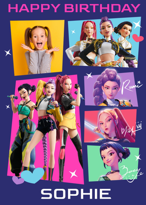 KPop Demon Hunters Characters Happy Birthday Photo Upload Card