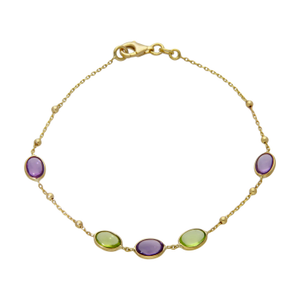 New 9ct Yellow Gold 7.5" Amethyst & Peridot Set Beaded Bracelet