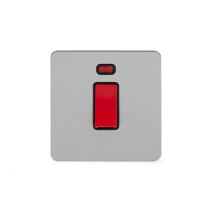 Soho Lighting Brushed Chrome Flat Plate 45A 1 Gang Double Pole Switch With Neon, Single Plate Blk Ins Screwless