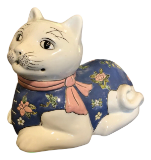 1960s Ceramic Chinoiserie Style Reposing White Cat