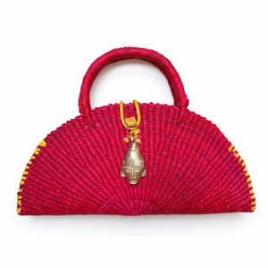 Kongo Handwoven Red Handbag With Brass Mask Pendant. (one size)