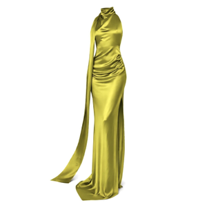 Muse Cowl Neck Open Back Gown- Chartreuse (S)