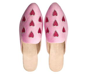 Red Heart - Handmade Heart Embroidered Pink Velvet Mules By Fuchsia Shoes (8 UK)