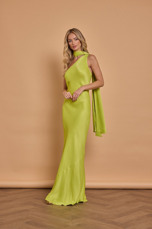Cressida Satin Asymmetric Dress - Lime Green