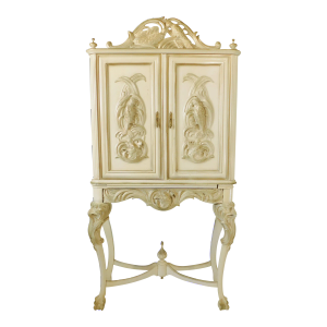 Vintage French Provincial Bird Parrot Griffin Solid Mahogany Carved Wood Cabinet W/ Pullout Desk