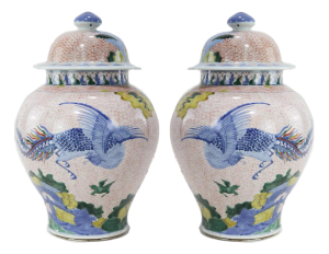 Pair of Chinese Late Qing Dynasty, Jingdezhen Kiln, Famille Verte Covered Jar With Kirin and Phoenix on Iron-Red Brocade Ground