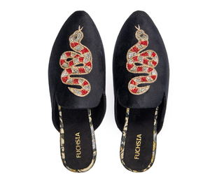 Serpent Black - Vegan Handmade Crystal Embroidered Luxury Velvet Mules By Fuchsia Shoes (7 UK)