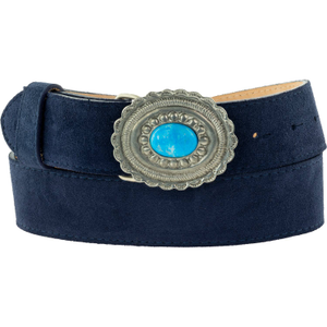 Silver Mexican Buckle On Navy Suede Belt (40")