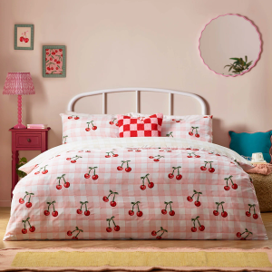 Gingham Cherries Duvet Cover Set - Pink Double 200x200cm