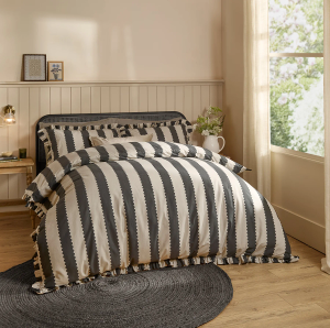 Birdie Stripe Ruffle Duvet Cover Set - Black & White Super King 220x260cm