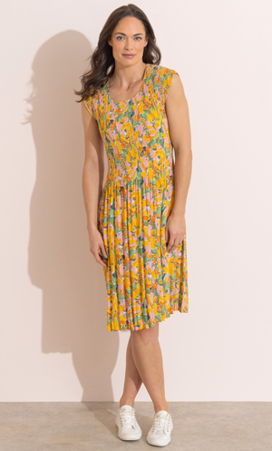 Floral Print Pleated Dress - Yellow/Green
