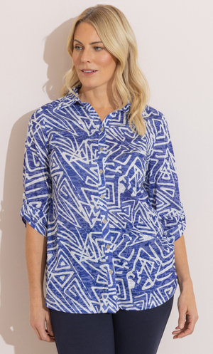 Anna Rose Embellished Geo Print Burnout Blouse - Blue/White