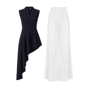 Chic Contrast Set - Black Asymmetric Top With White Flared Pants (L)