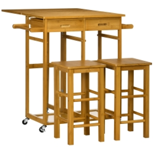 HOMCOM Juego de Mesa Alta de Bar y 2 Taburetes con Ruedas Mesa Plegable de Cocina con Taburetes 82,5x75,5x83,5 cm Marrón